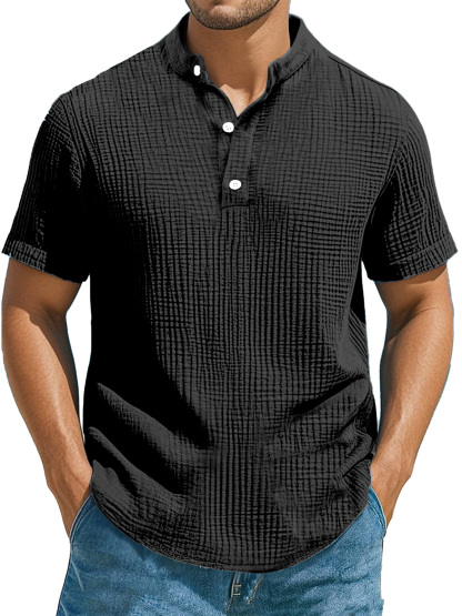 Men's Casual Solid Color Pleated Texture Short-sleeved Stand Collar Henley Shirt-retrostrom