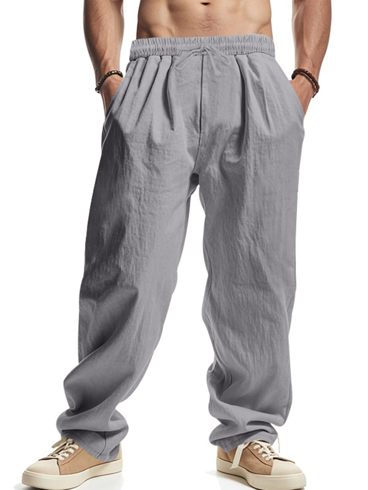 Men's Daily Casual Loose Linen Drawstring Solid Color Trousers-retrostrom