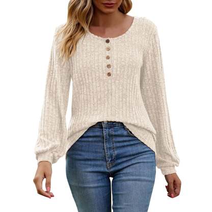 Women's Fall Button Scoop Neck Puff Long Sleeve Henley Shirts-retrostrom