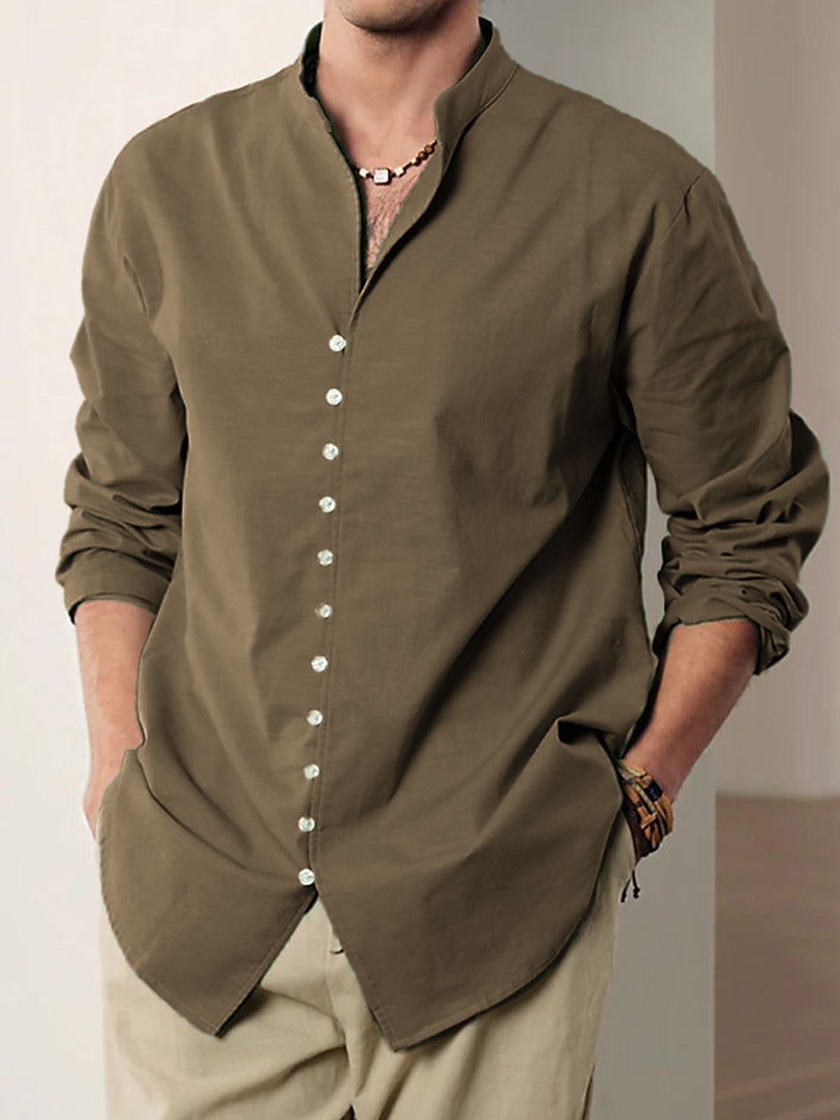 Men's Vintage Multi-Button Cotton Vacation Casual Loose Stand Collar Long Sleeve Shirt-retrostrom