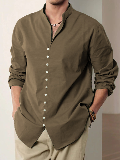Men's Vintage Multi-Button Cotton Vacation Casual Loose Stand Collar Long Sleeve Shirt-retrostrom