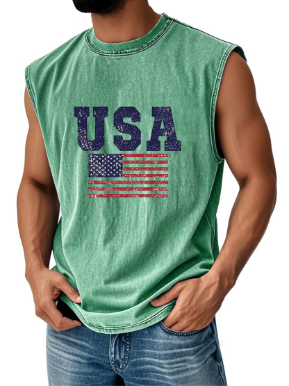 Men's Everyday Vintage American Independence Day Flag Printed Crew Neck Sleeveless Tank Top-retrostrom