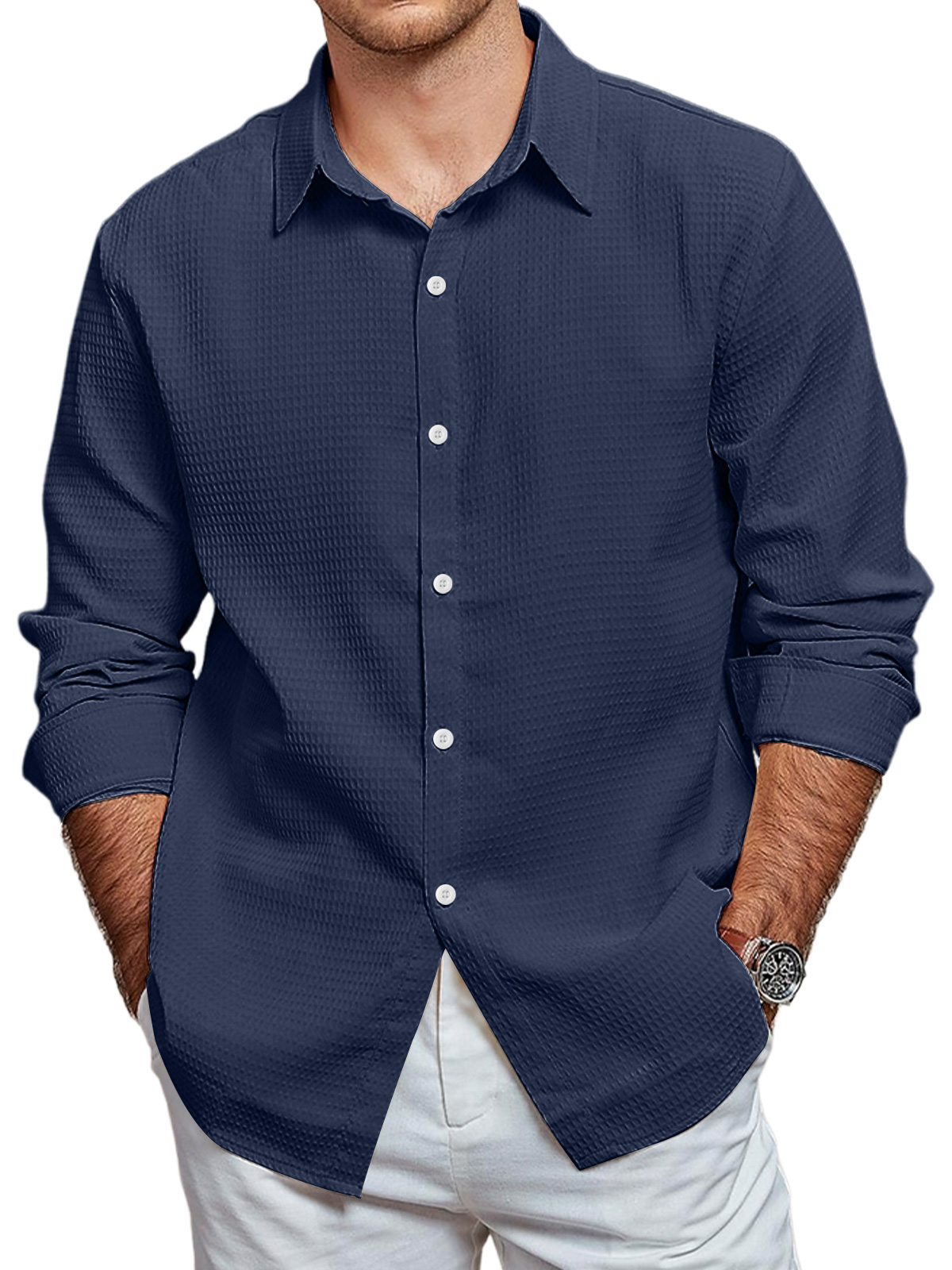 Men's Casual Waffle Solid Color Long Sleeve Shirt-retrostrom