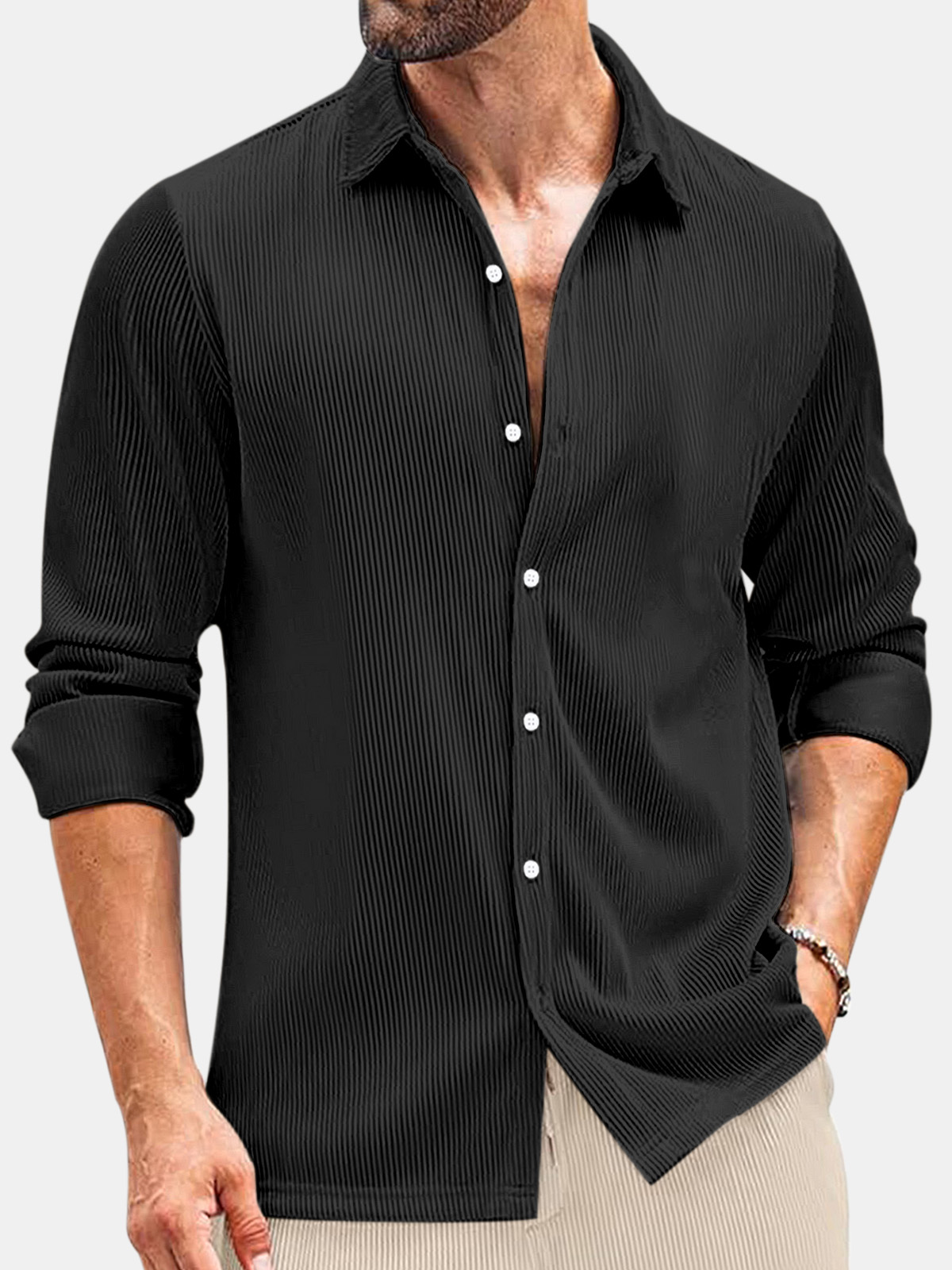 Men's Comfortable Solid Color Vertical Stripe Casual Long-sleeved Shirt-retrostrom