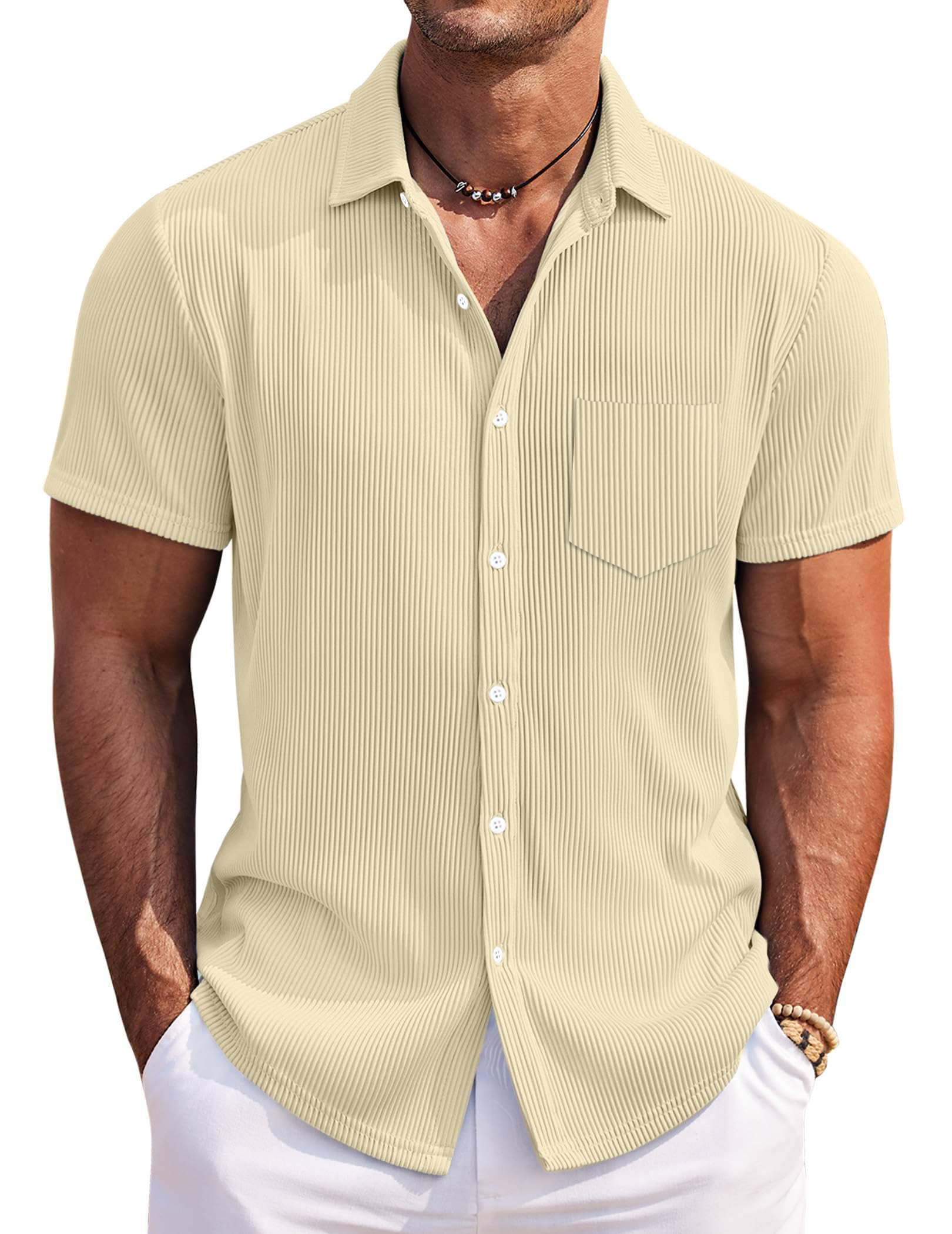 Men's Solid Color Loose And Comfortable Vertical Striped Short-sleeved Shirt-retrostrom
