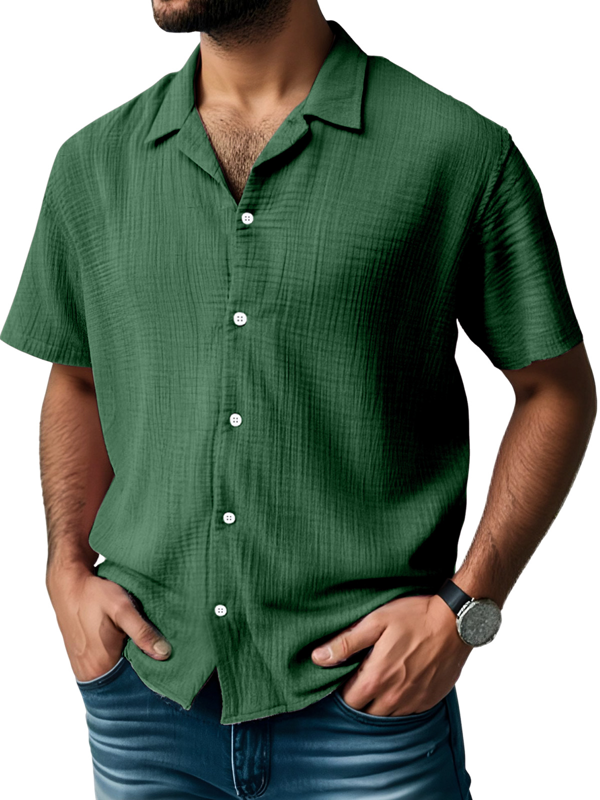 Men's Everyday Solid Color Pleated Texture Short-sleeved Shirt-retrostrom