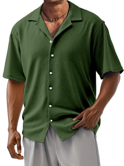 Men's Loose Solid Color Comfortable Texture Short-Sleeved Cuban Collar Shirt-retrostrom