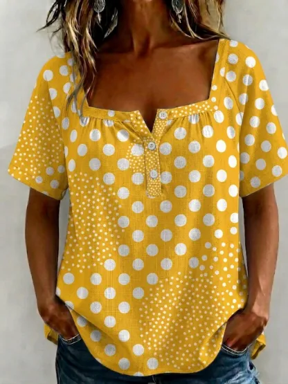 Fashion Square-Neck Polka Dot Print Cotton-Linen Shirt-retrostrom