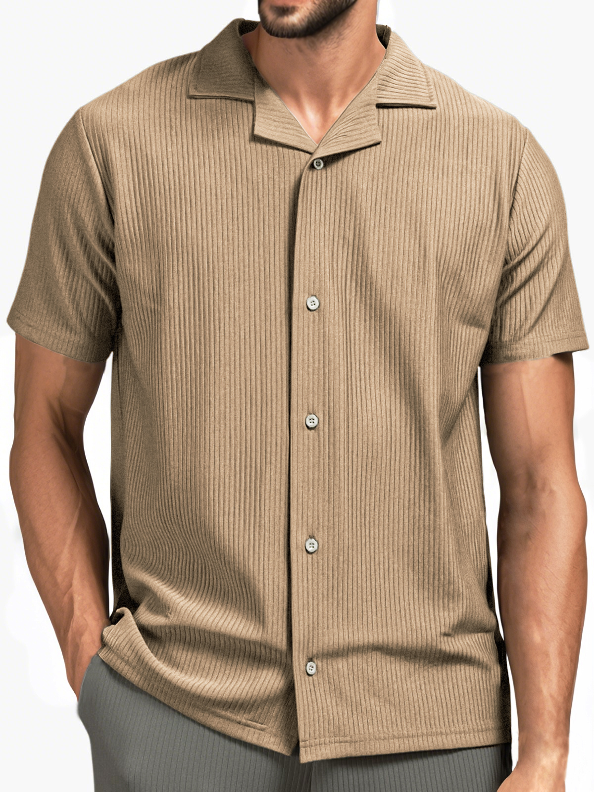 Men's Pit Stripe Pleated Cuban Collar Holiday Casual Button Short Sleeve Shirt-retrostrom