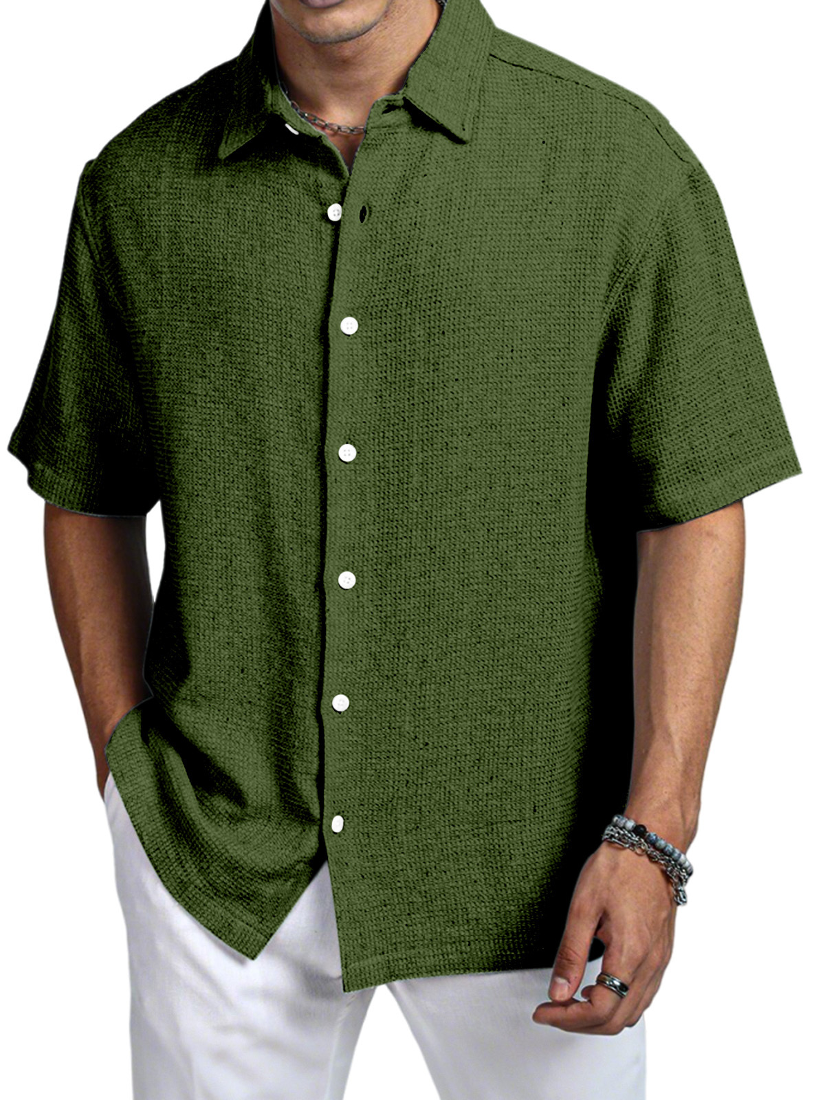 Men's Casual Daily Solid Color Texture Short-sleeved Shirt-retrostrom