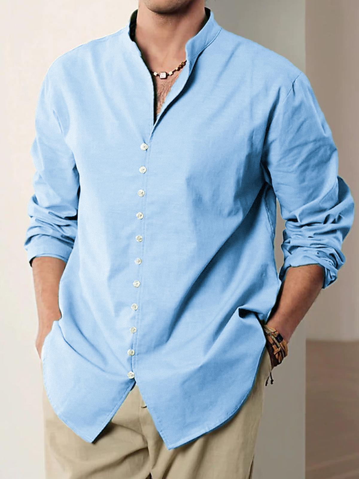Men's Vintage Multi-Button Cotton Vacation Casual Loose Stand Collar Long Sleeve Shirt-retrostrom