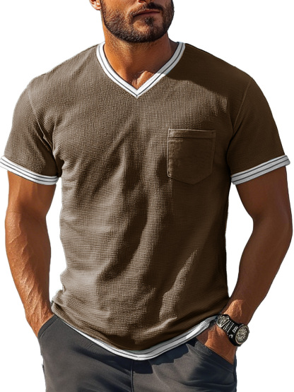 Men's Fashion Retro Patchwork Textured Fabric V-neck Short-sleeved T-shirt-retrostrom
