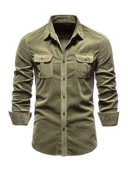 Men's Casual Corduroy Double Pocket Solid Color Long Sleeve Shirt-retrostrom