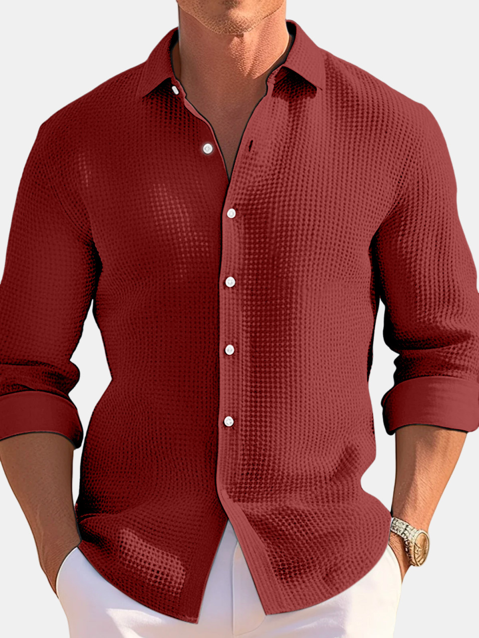 Men's Casual Loose Solid Color Waffle Long Sleeve Shirt-retrostrom