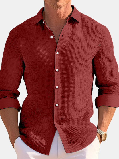 Men's Casual Loose Solid Color Waffle Long Sleeve Shirt-retrostrom