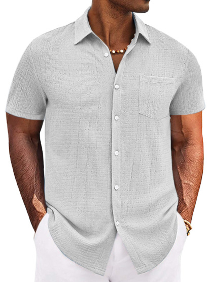Men's Casual Simple Solid Color Texture Short-sleeved Button-down Shirt-retrostrom