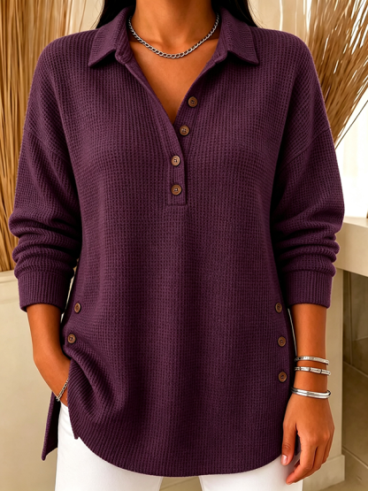 CLEARANCE SALE🔥Women’s Waffle Knit Polo Collar Button Detail Relaxed Fit Long Sleeve Top