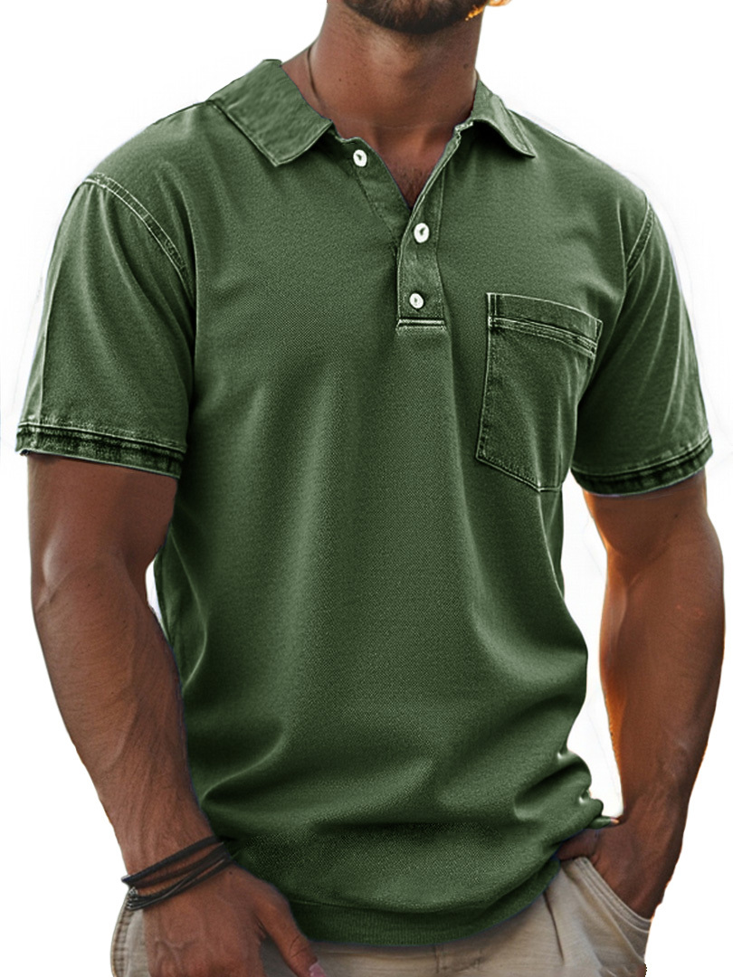 Men's Stylish Retro Pure Cotton Distressed Fabric Pocket Lapel Polo Shirt-retrostrom