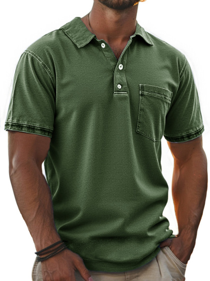 Men's Stylish Retro Pure Cotton Distressed Fabric Pocket Lapel Polo Shirt-retrostrom