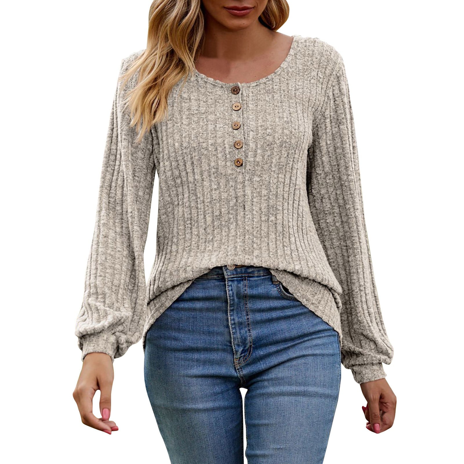 Women's Fall Button Scoop Neck Puff Long Sleeve Henley Shirts-retrostrom