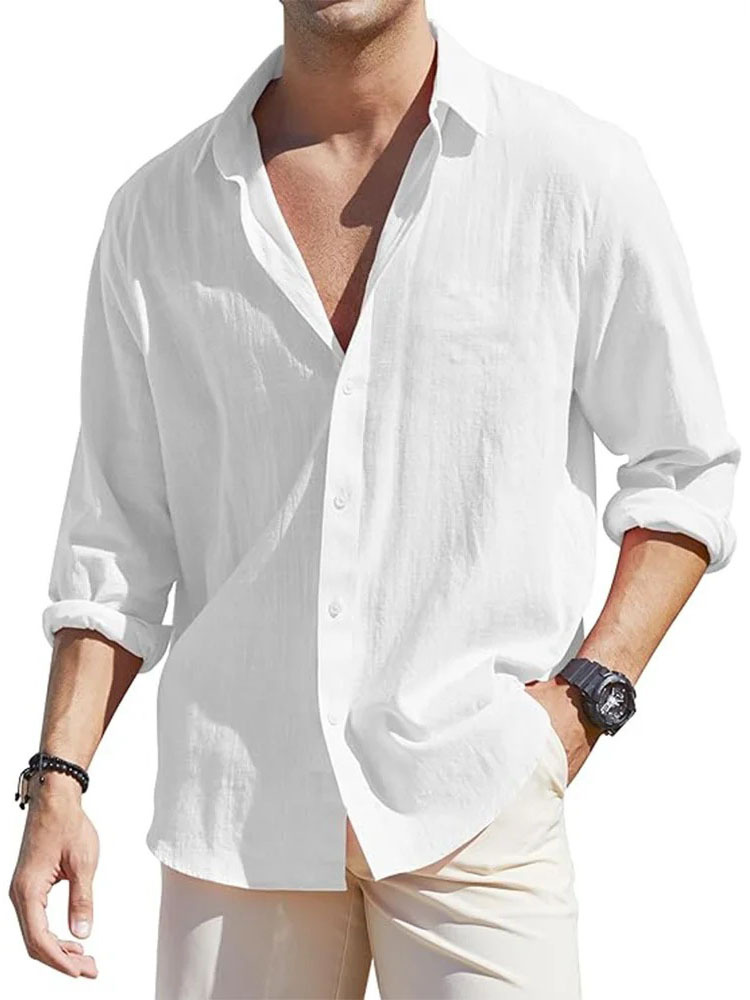 Men's Casual Loose Basic Cotton And Linen Long-sleeved Shirt-retrostrom