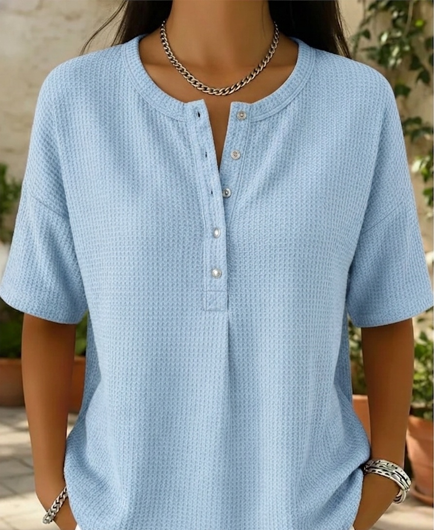 New Arrivals🔥Women’s Casual Loose Waffle Round-neck Buttoned Henley Shirt-retrostrom