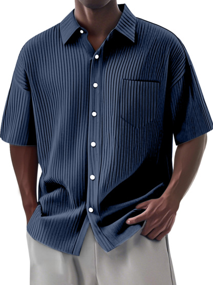 Men's Simple Daily Solid Color Vertical Pit Lapel Short-sleeved Shirt-retrostrom