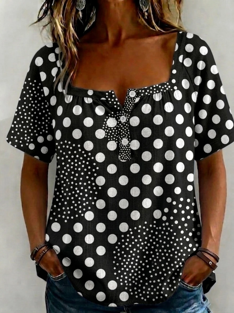 Fashion Square-Neck Polka Dot Print Cotton-Linen Shirt-retrostrom