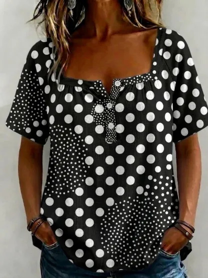 Fashion Square-Neck Polka Dot Print Cotton-Linen Shirt-retrostrom
