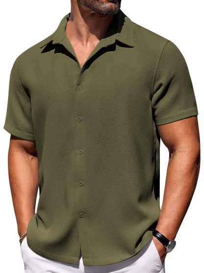 Men's Hawaiian Waffle Fabric Lapel Short Sleeve Shirt-retrostrom