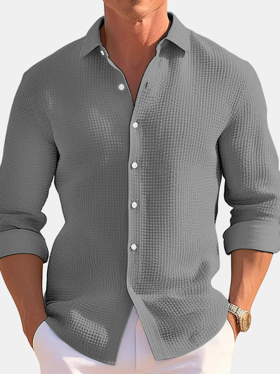 Men's Casual Loose Solid Color Waffle Long Sleeve Shirt-retrostrom