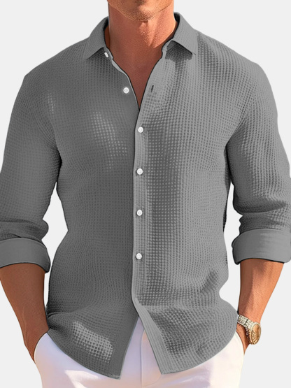 Men's Casual Loose Solid Color Waffle Long Sleeve Shirt-retrostrom