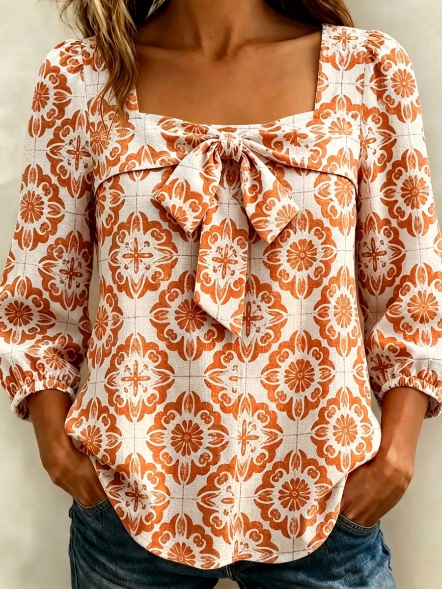 New Arrivals🔥 Women's Casual Santorini Inspired Print Bow Blouse-retrostrom