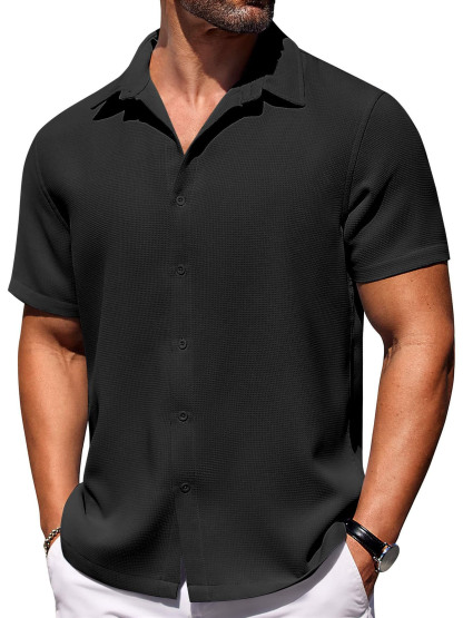 Men's Hawaiian Waffle Fabric Lapel Short Sleeve Shirt-retrostrom