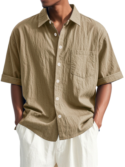 Men's Fashion Casual Pleated Fabric Short Sleeve Lapel Pocket Shirt-retrostrom