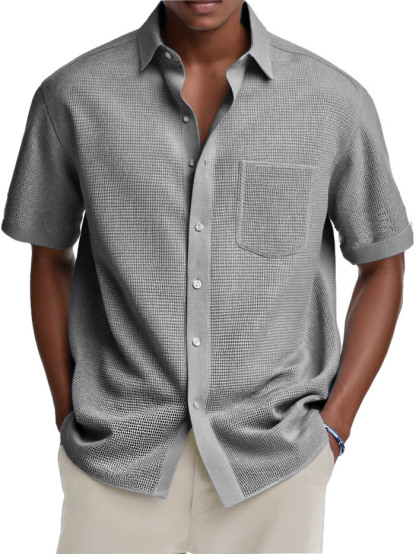Men's Fashion Casual Retro Waffle Fabric Pocket Short-sleeved Shirt-retrostrom