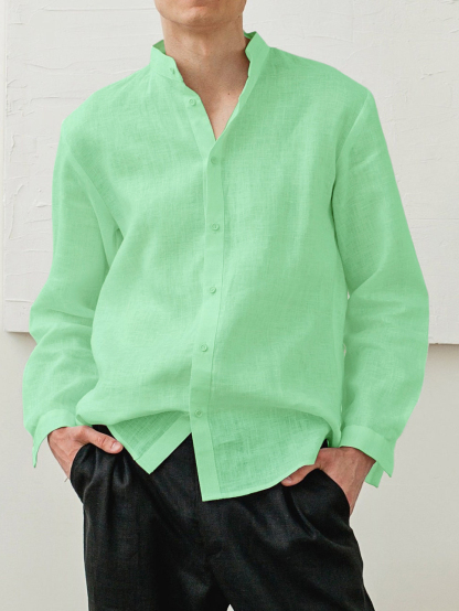 Men's Cotton And Linen Classic Casual Stand-up Collar Long-sleeved Shirt-retrostrom