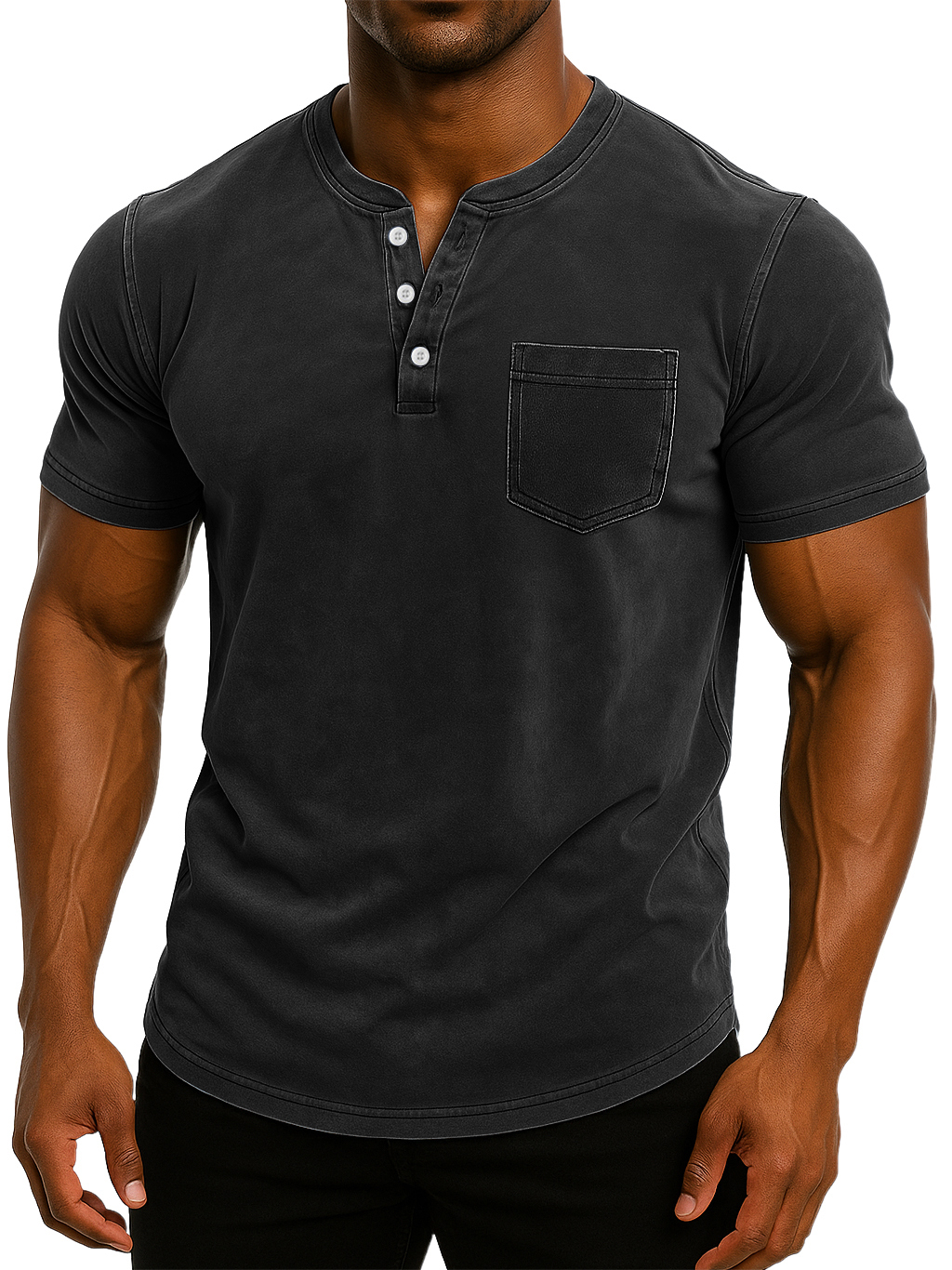 Men's Retro Stand Collar Casual Pocket Solid Color Slim Fit Short Sleeve Henley Shirt-retrostrom