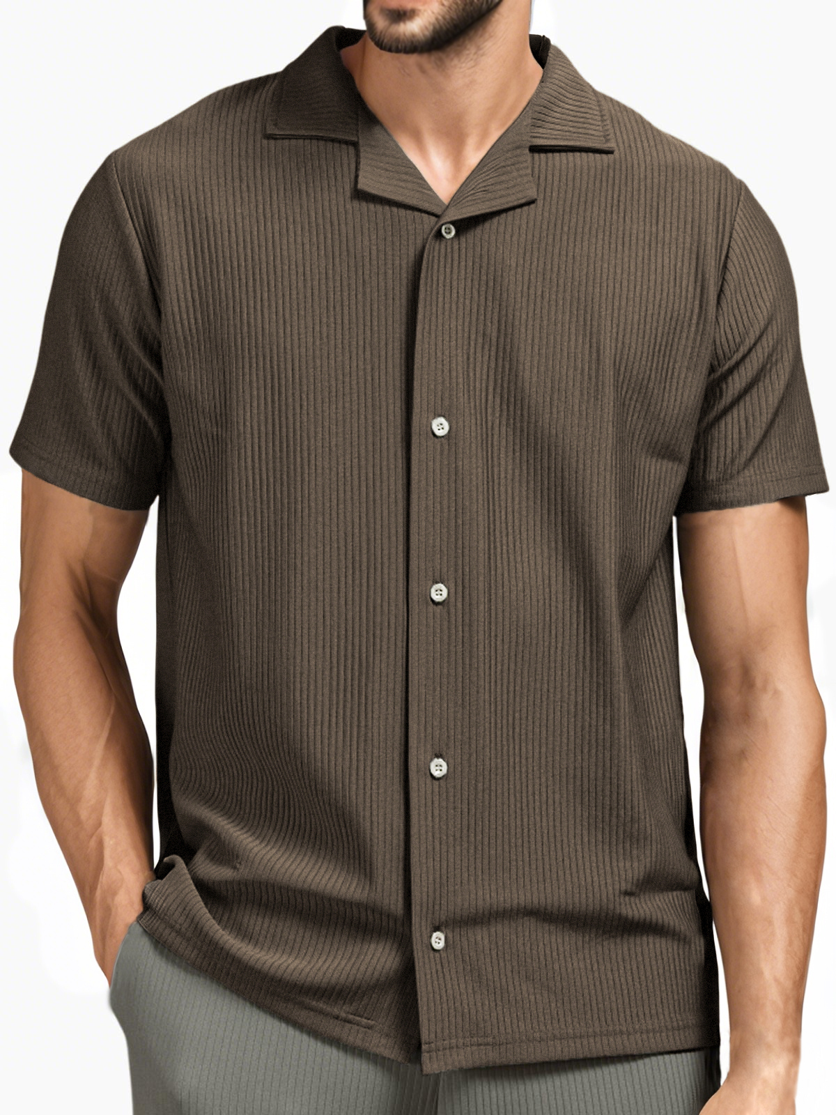 Men's Pit Stripe Pleated Cuban Collar Holiday Casual Button Short Sleeve Shirt-retrostrom