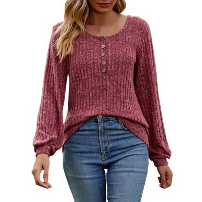 Women's Fall Button Scoop Neck Puff Long Sleeve Henley Shirts-retrostrom