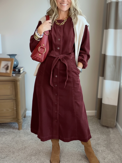 New Arrival🔥 Corduroy Shirt Dress with Tie Belt-retrostrom