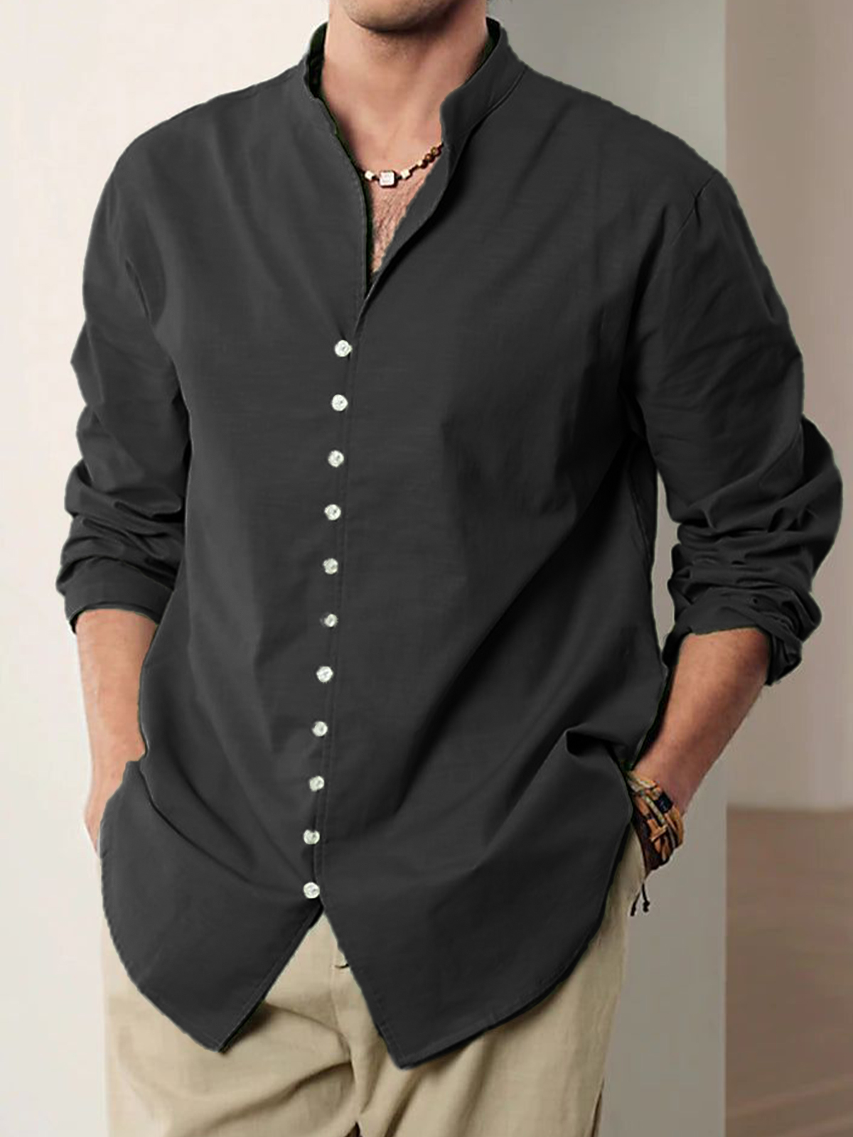 Men's Vintage Multi-Button Cotton Vacation Casual Loose Stand Collar Long Sleeve Shirt-retrostrom