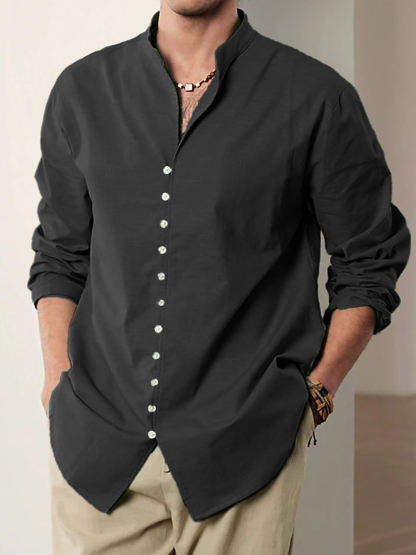 Men's Vintage Multi-Button Cotton Vacation Casual Loose Stand Collar Long Sleeve Shirt-retrostrom