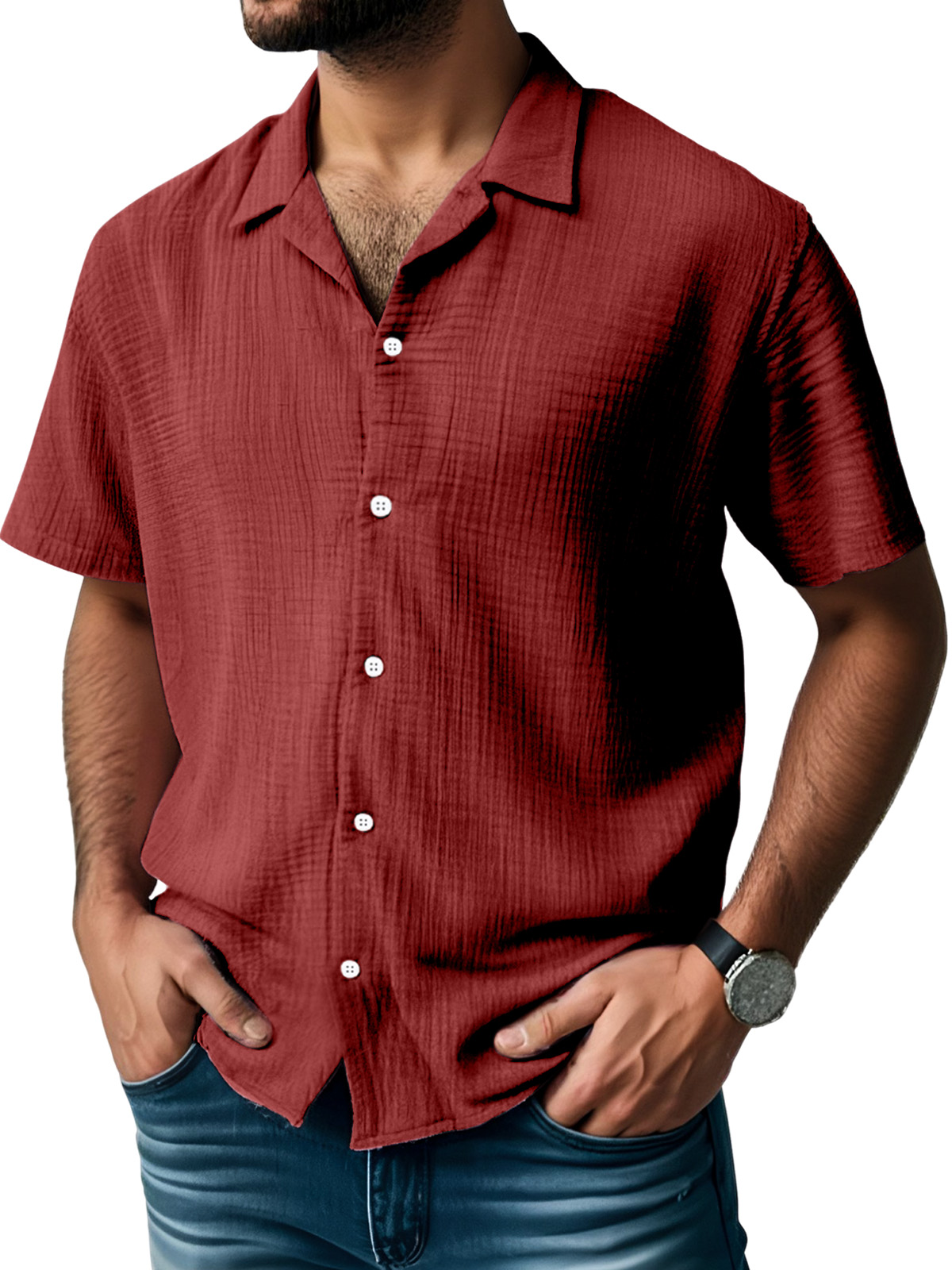 Men's Everyday Solid Color Pleated Texture Short-sleeved Shirt-retrostrom