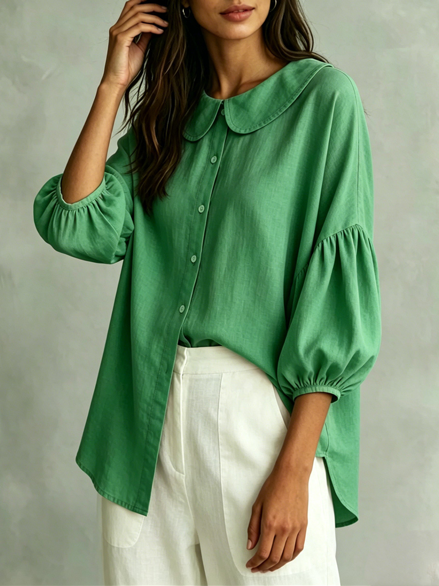 Cotton-Linen Shirt with Bell Sleeves and Peter Pan Collar