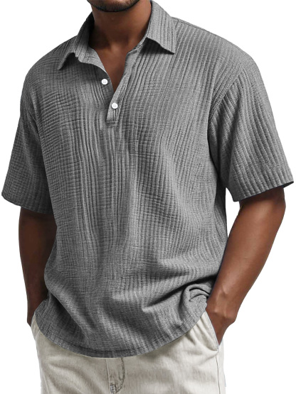 Men's Daily Pleated Texture Lapel Button Casual Short Sleeve POLO Shirt-retrostrom
