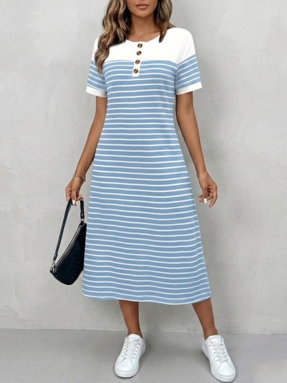 Cozy Round Neck Striped Cotton Shirt Dress-retrostrom