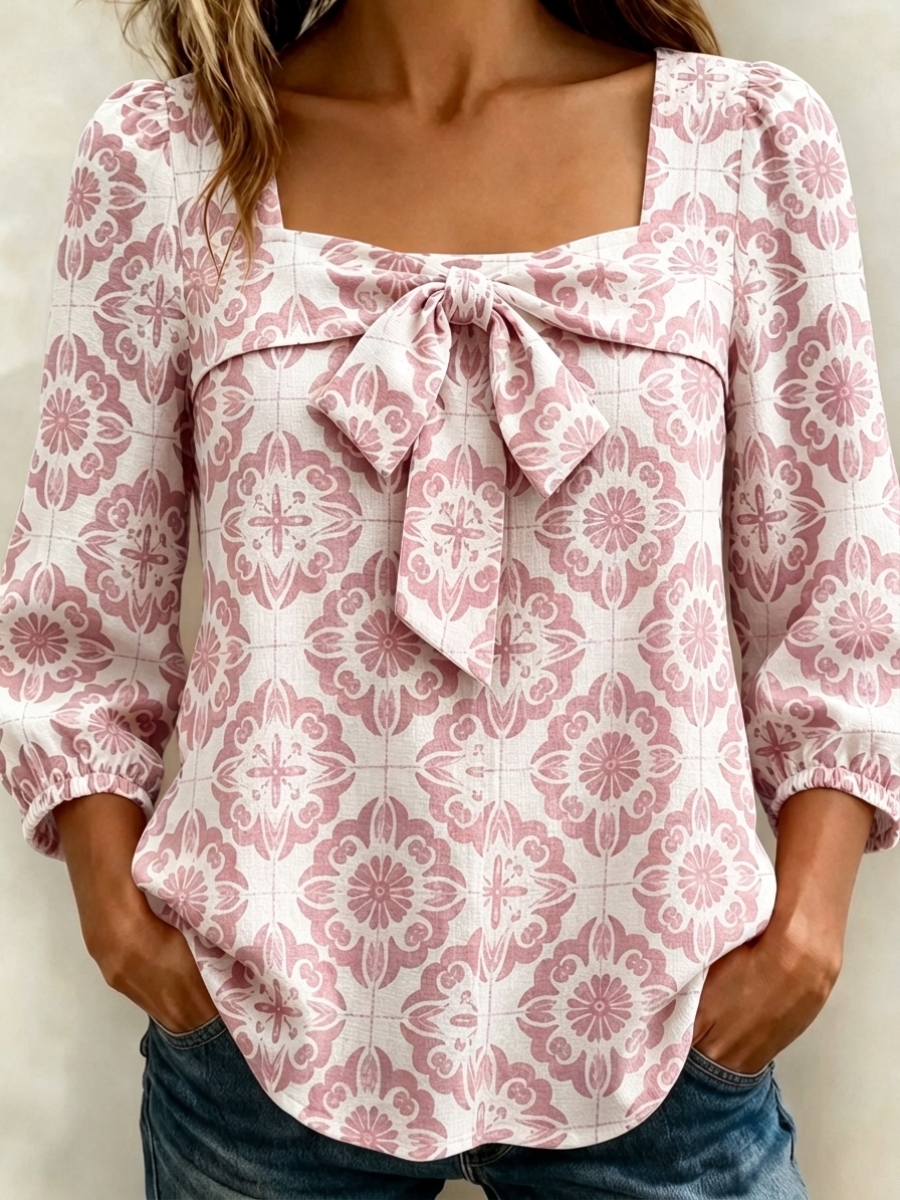 New Arrivals🔥 Women's Casual Santorini Inspired Print Bow Blouse-retrostrom