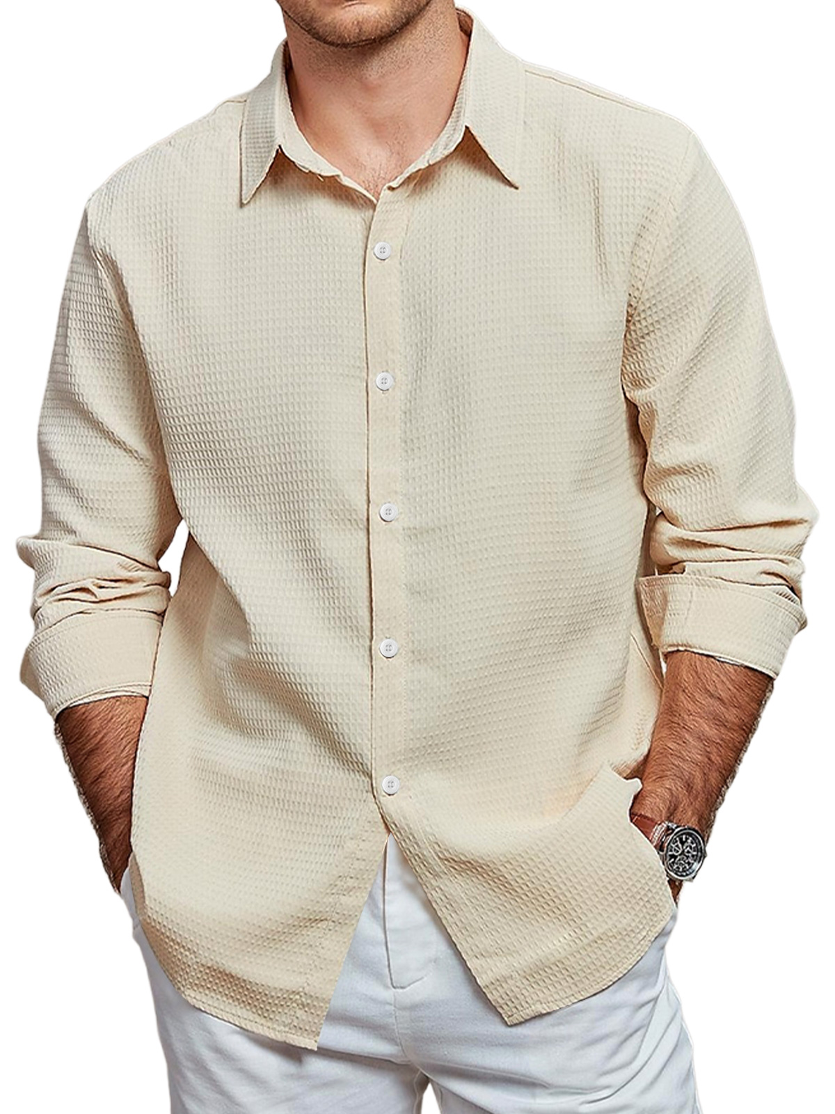 Men's Casual Waffle Solid Color Long Sleeve Shirt-retrostrom