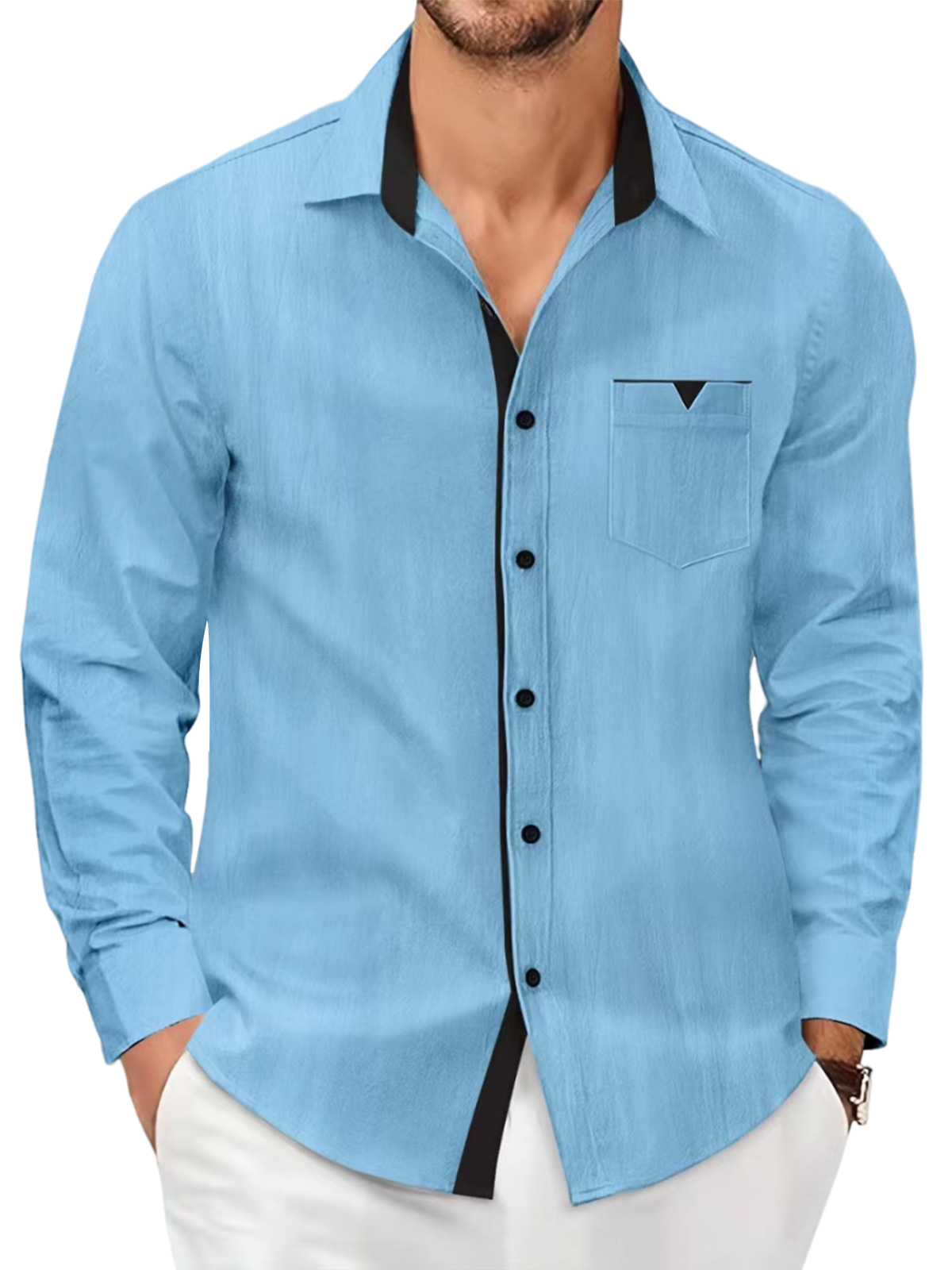 Men's cotton and linen solid color casual pocket contrast lapel long-sleeved shirt-retrostrom